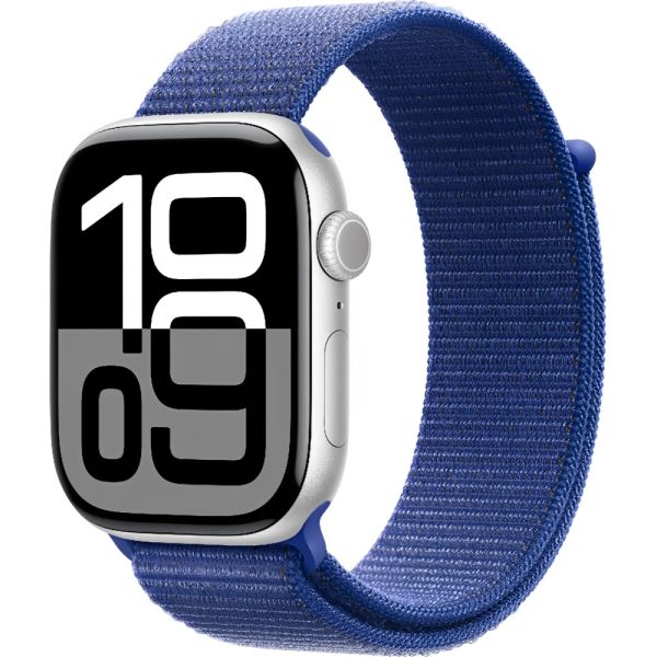 Apple Watch S10 caja de aluminio en plata y correa banda deportivo loop en color azul cloud 46 mm MWWN3LW/A