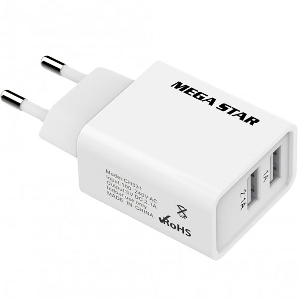 Cargador Mega Star CH331 Dual USB Bivolt - Blanco