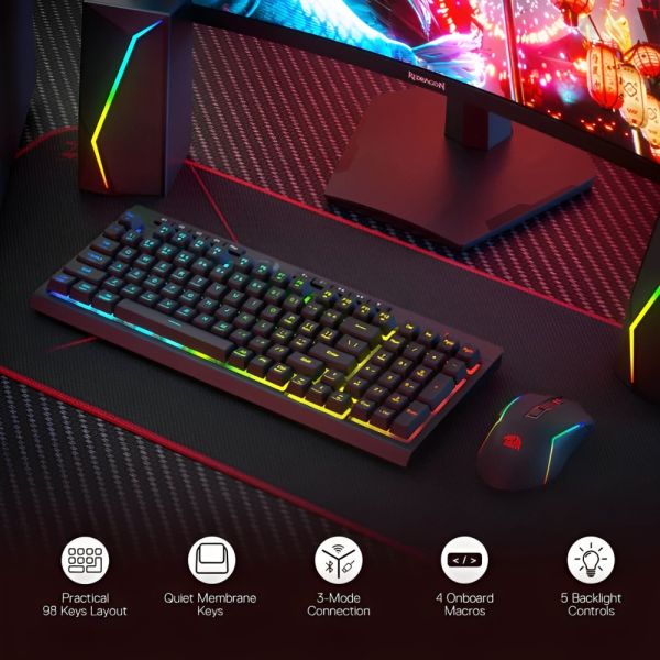 Kit Teclado Mecánico + Mouse Redragon S142 RGB Inalámbrico - Negro