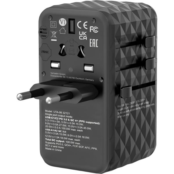Adaptador Universal de Enchufe Verbatim UTA-06 GaN III 100 W - Black (32121)