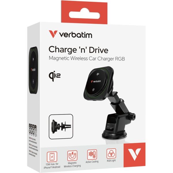 Cargador Magnético para Auto Verbatim Charge 'n' Drive Qi2 RGB Inalámbrico 15 W - Negro (31860)