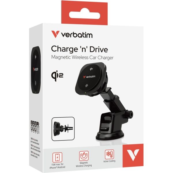 Cargador Magnético para Auto Verbatim Charge 'n' Drive Qi2 Inalámbrico 15 W - Negro (31861)