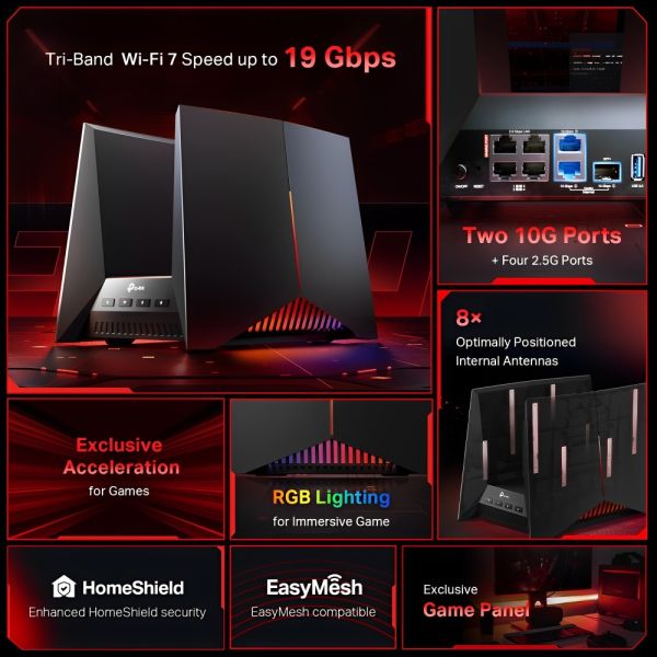 Router Gamer TP-Link Archer GE800 RGB Gigabit Triple Banda Wi-Fi 7 EasyMesh - Negro