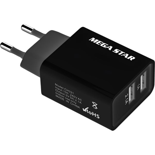 Cargador Mega Star CH331 Dual USB Bivolt - Negro